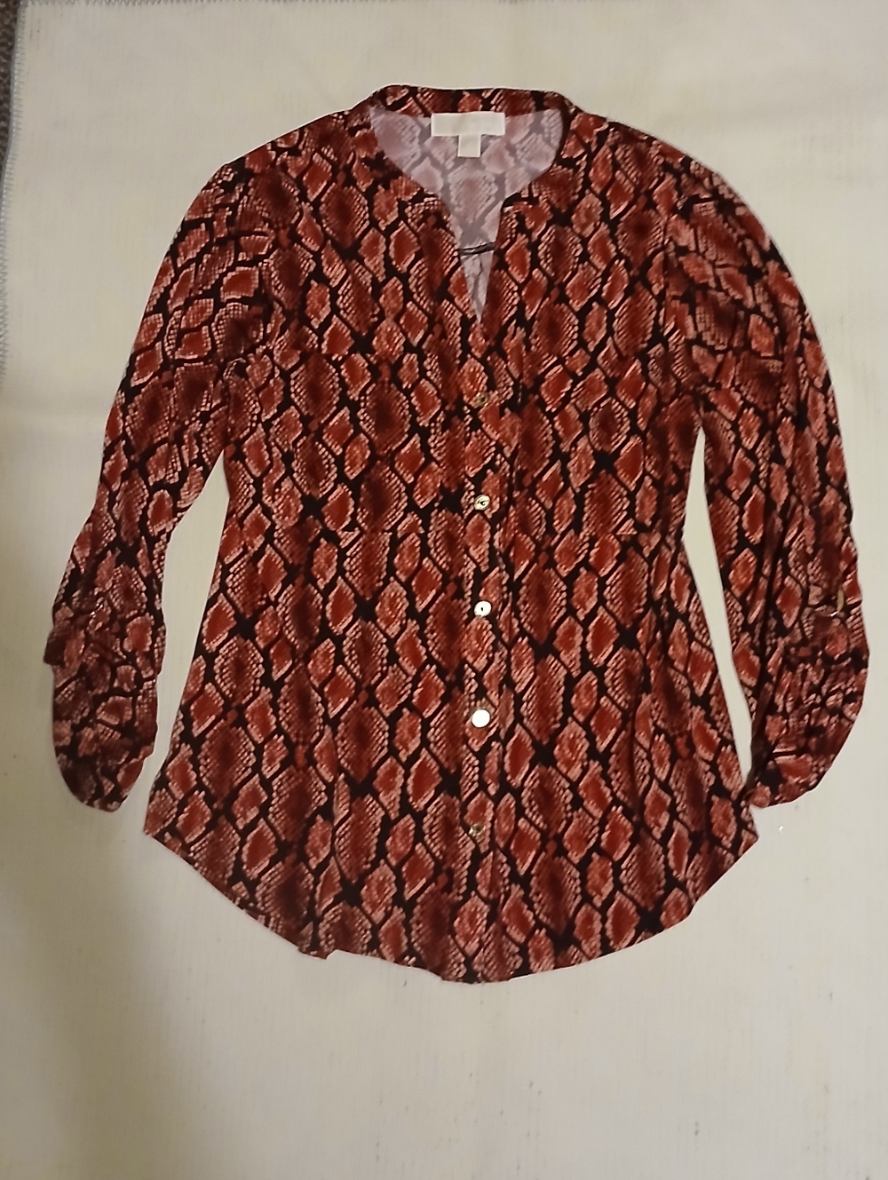 Womens Rust Snake-Print Button Front Blouse